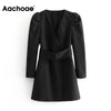 Women Fashion Puff Long Sleeve Black Mini Dress Autumn V Neck Bandage High Street Lady Dresses A Line Chic Fashion Ropa Mujer