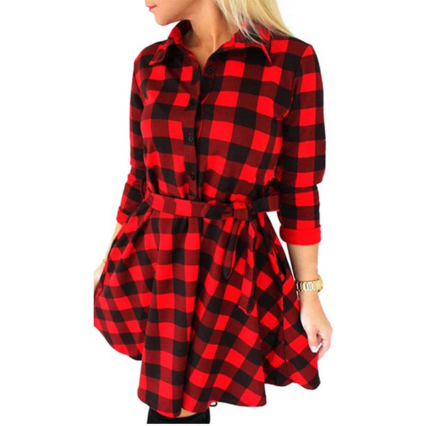 2019 Fashion Women Long Sleeve Short Dress 3/4 Sleeve Shirt Dress Plaid & Checked Dress