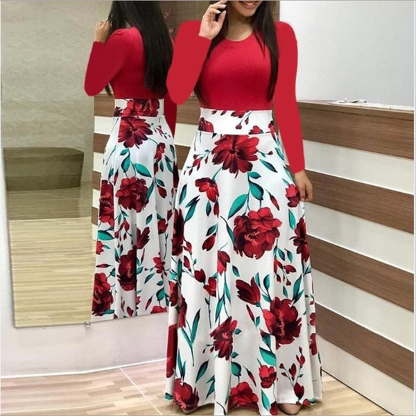 Spring Autumn For Women Dress 2019 Casual Long Sleeve O-neck Tunic  Patchwork Dresses Fashion Vintage Print Maxi Dress Vestidos