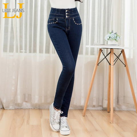 LEIJIJEANS 2019 winter autumn blue high waist stretchy mom jeans with fly button fashion style plus size 5XL 6XL women jeans