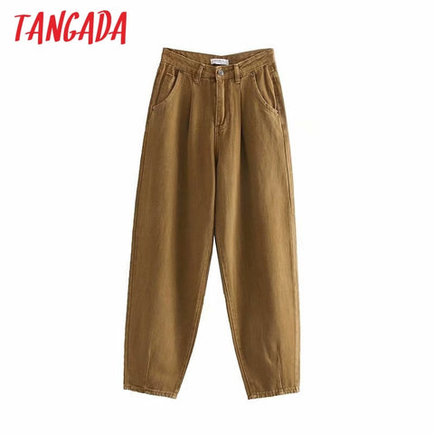 Tangada fashion women loose harm jeans pants boy friend style long trousers pockets zipper loose high street female pants 4M68