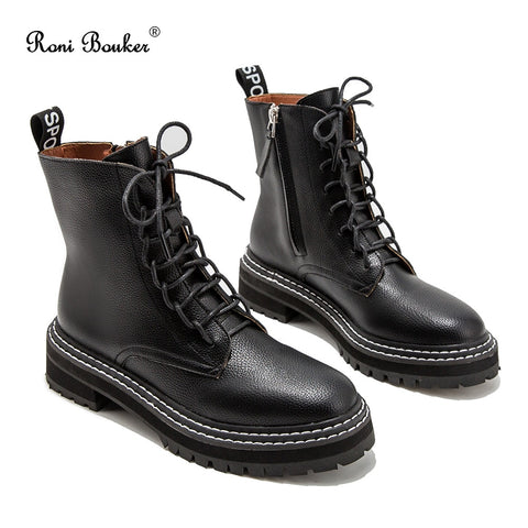 Roni Bouker Hot Women's Winter Ankle Black Boots Woman Lace Up Vintage Booties Women Short Martin Boot Fashion Ladies Shoes