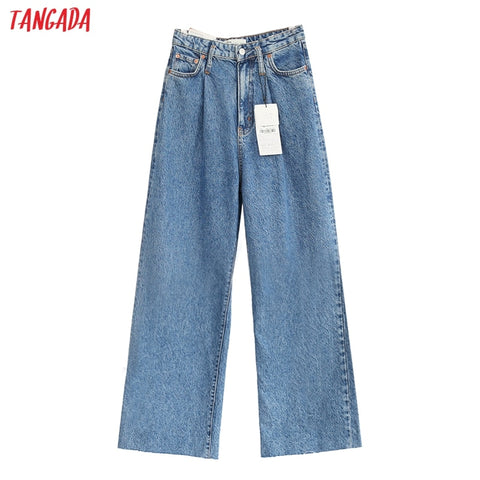 Tangada fashion women blue pleated wide leg jeans high waist pockets denim trousers female casual long pants pantalones SW01