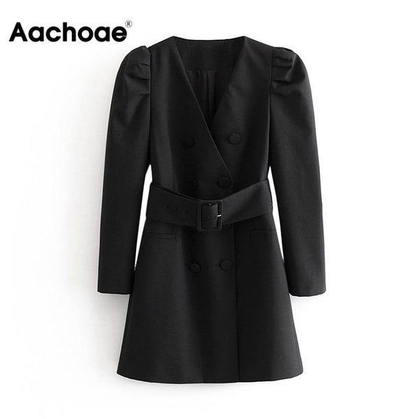 Women Fashion Puff Long Sleeve Black Mini Dress Autumn V Neck Bandage High Street Lady Dresses A Line Chic Fashion Ropa Mujer