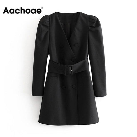 Women Fashion Puff Long Sleeve Black Mini Dress Autumn V Neck Bandage High Street Lady Dresses A Line Chic Fashion Ropa Mujer