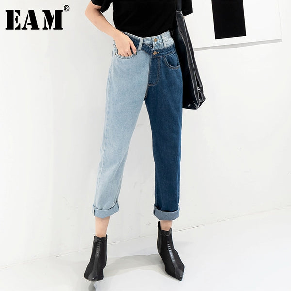 [EAM] New Spring 2020  Fashion High Waist Patchwork Hit Color Detachable Blue Jeans Straight Denim Pants Women SC08