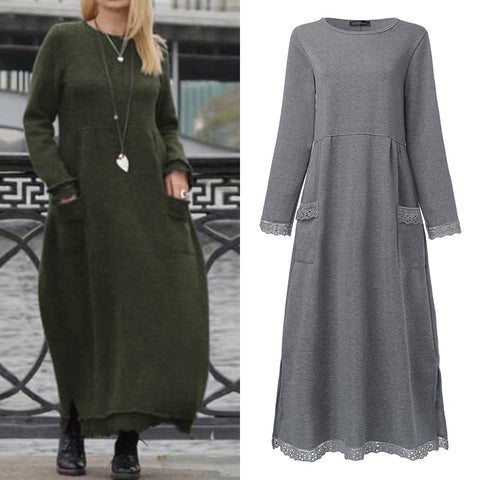 Fashion Women's Autumn Sundress ZANZEA 2019 Lace Patchwork Sweatshirts Dress Female Hoodies Plus Size Maxi Vestidos Pullover 5XL