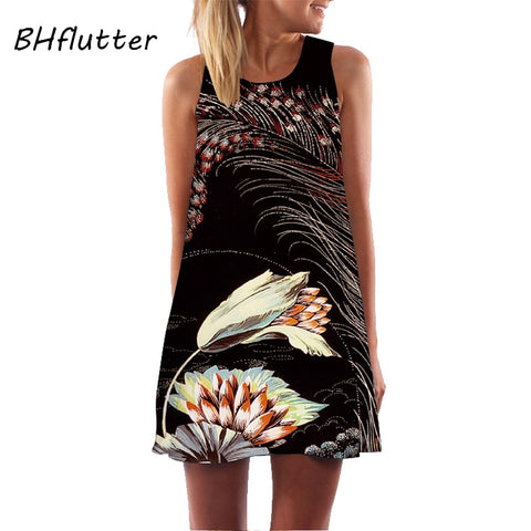 BHflutter Women Dress Summer Style 2018 New Fashion Floral Print Casual Dress O neck Short Chiffon Dress Sleeveless Beach Dress