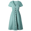 Women's Fashion Summer Short Sleeve V Neck Button Down Swing Midi Dress With Pockets Ladies Beach Dress Women Sundress Vestidos