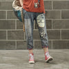 Women Spring Autumn Fashion Brand Vintage Cartoon Dog Little Girl Print Denim Jeans Female Casual Frayed Harem Pants Trousers